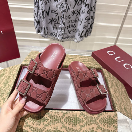 SANDALS IN NAVY RED SUEDE EMBOSSED LOGO SILVER HARDWARE