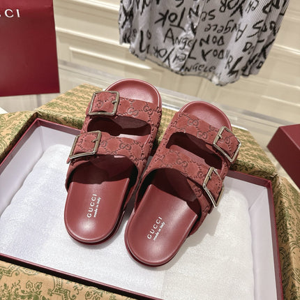 SANDALS IN NAVY RED SUEDE EMBOSSED LOGO SILVER HARDWARE