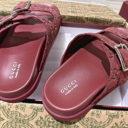 SANDALS IN NAVY RED SUEDE EMBOSSED LOGO SILVER HARDWARE