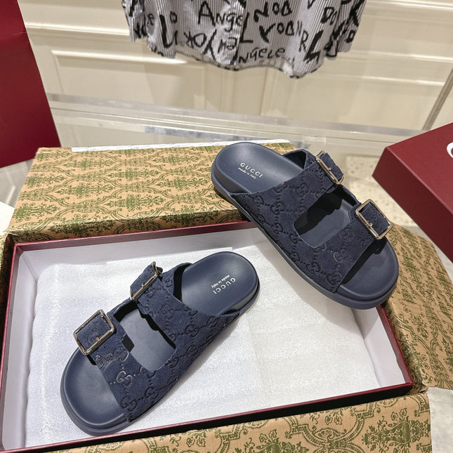 SANDALS IN NAVY BLUE SUEDE EMBOSSED LOGO SILVER HARDWARE