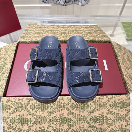 SANDALS IN NAVY BLUE SUEDE EMBOSSED LOGO SILVER HARDWARE