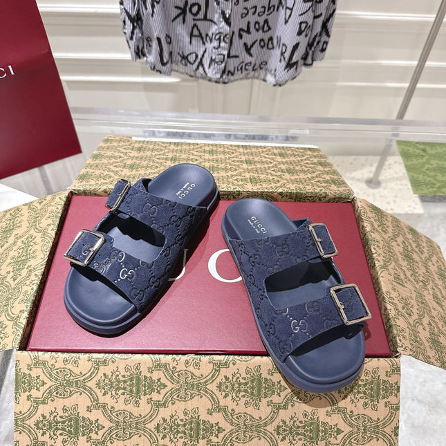 SANDALS IN NAVY BLUE SUEDE EMBOSSED LOGO SILVER HARDWARE