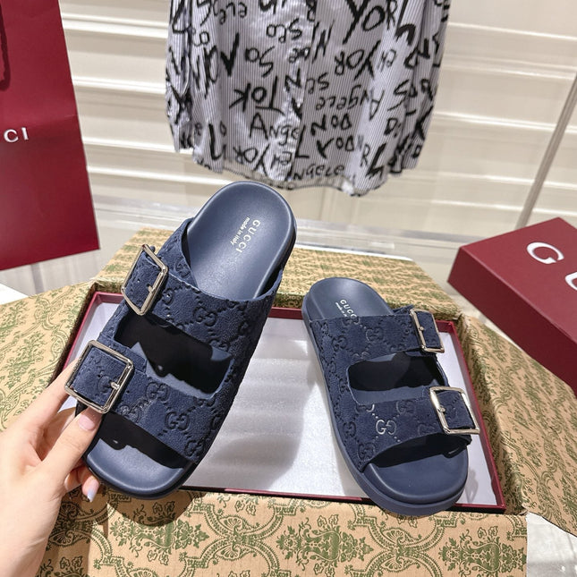 SANDALS IN NAVY BLUE SUEDE EMBOSSED LOGO SILVER HARDWARE