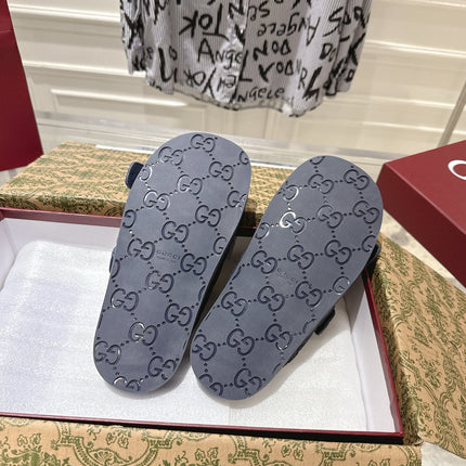 SANDALS IN NAVY BLUE SUEDE EMBOSSED LOGO SILVER HARDWARE