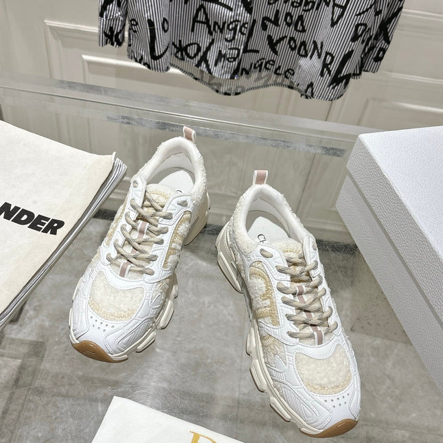 DIOR 25S MILE SERIES SNEAKERS 45MM IN WHITE CALFSKIN AND SHEARLING