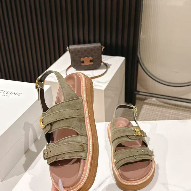 CELINE 25S TIPPI TRIOMPHE SANDAL IN DARK OLIVE CALFSKIN SUEDE