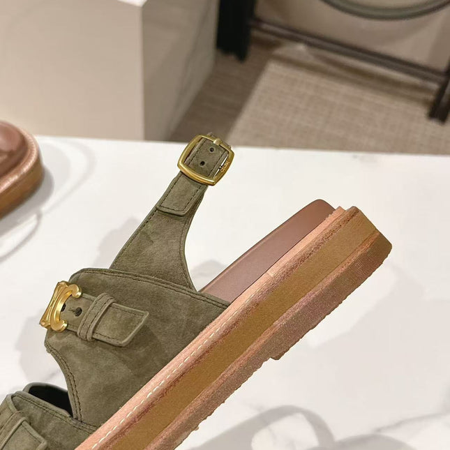 CELINE 25S TIPPI TRIOMPHE SANDAL IN DARK OLIVE CALFSKIN SUEDE