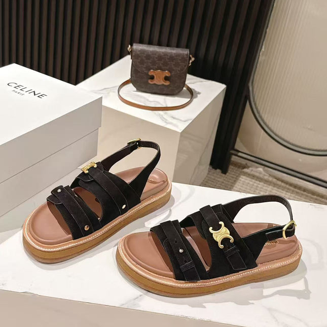 CELINE 25S TIPPI TRIOMPHE SANDAL IN BLACK CALFSKIN SUEDE