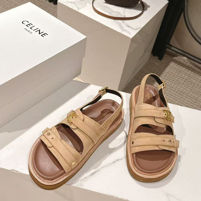 CELINE 25S TIPPI TRIOMPHE SANDAL IN LIGHT BROWN CALFSKIN SUEDE