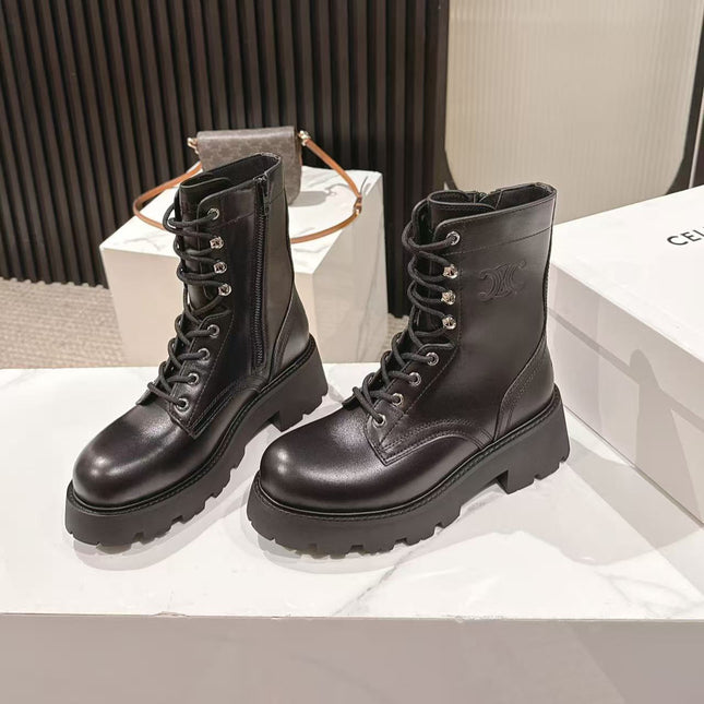CELINE 25S HIGH HEELED LACE UP BOOTS 50MM IN BLACK CALFSKIN