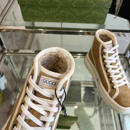 GG HIGH TOP SNEAKER IN CAMEL BROWN CANVAS WITH BEIGE FLEECE LINING