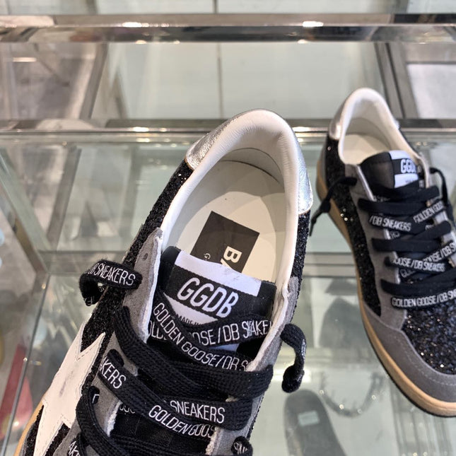 BALL STAR SNEAKERS WITH WHITE STAR IN BLACK GLITTER AND GRAY SUEDE