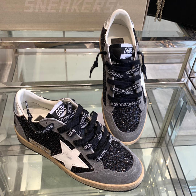 BALL STAR SNEAKERS WITH WHITE STAR IN BLACK GLITTER AND GRAY SUEDE