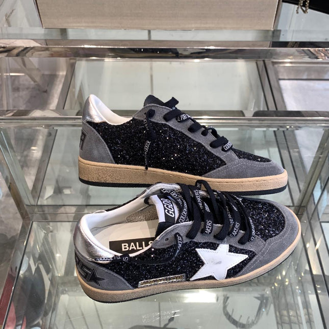 BALL STAR SNEAKERS WITH WHITE STAR IN BLACK GLITTER AND GRAY SUEDE