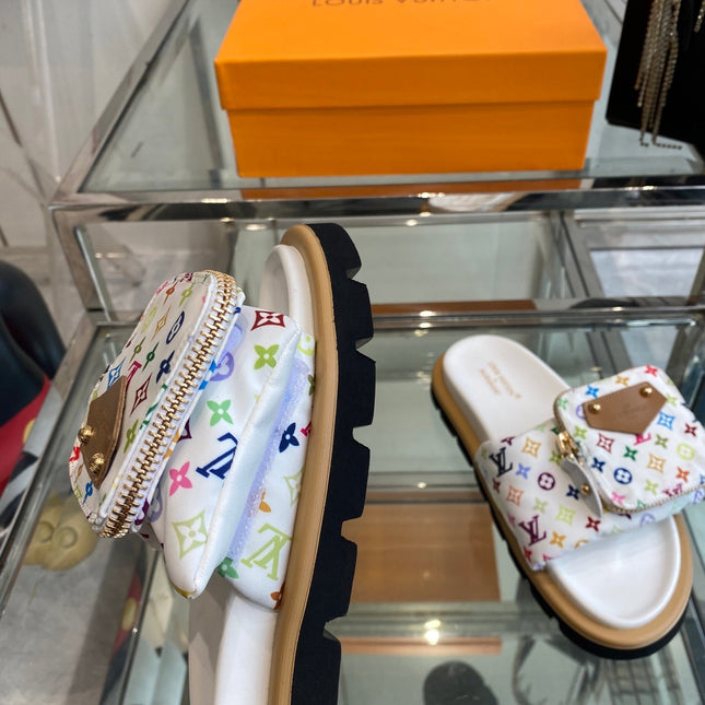 LV x TAKASHI MURAKAMI SLIDES IN MULTICOLOR FABRIC WITH ZIP POCKET STRAP