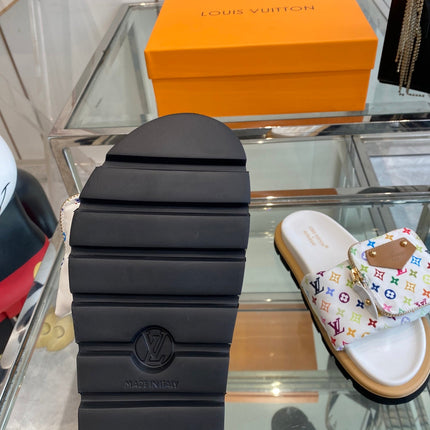 LV x TAKASHI MURAKAMI SLIDES IN MULTICOLOR FABRIC WITH ZIP POCKET STRAP