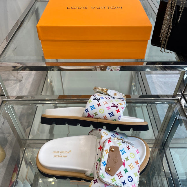 LV x TAKASHI MURAKAMI SLIDES IN MULTICOLOR FABRIC WITH ZIP POCKET STRAP