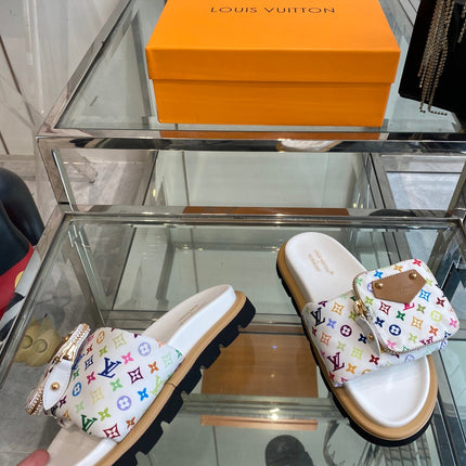 LV x TAKASHI MURAKAMI SLIDES IN MULTICOLOR FABRIC WITH ZIP POCKET STRAP