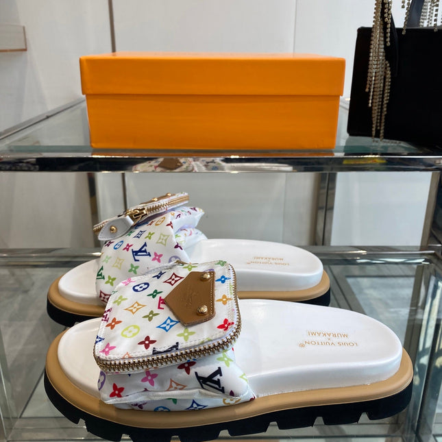 LV x TAKASHI MURAKAMI SLIDES IN MULTICOLOR FABRIC WITH ZIP POCKET STRAP
