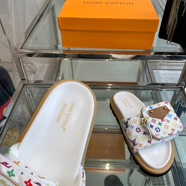 LV x TAKASHI MURAKAMI SLIDES IN MULTICOLOR FABRIC WITH ZIP POCKET STRAP