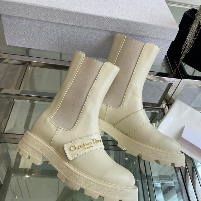 DIOR 25S D-QUEST ANKLE BOOT 35MM IN WHITE CALFSKIN GOLD HARDWARE