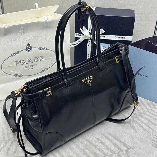 PRADA 25S BONNIE LARGE HANDBAG 38 IN BLACK GLOSSY CALFSKIN GOLD HARDWRE