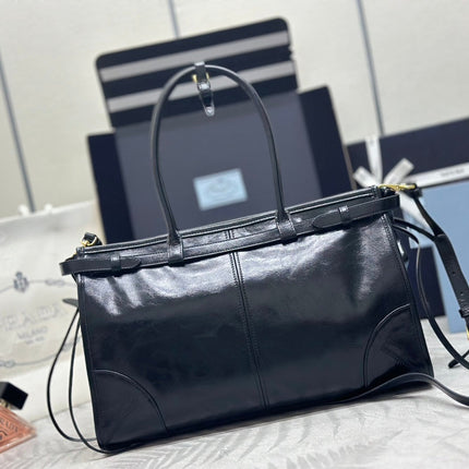 PRADA 25S BONNIE LARGE HANDBAG 38 IN BLACK GLOSSY CALFSKIN GOLD HARDWRE