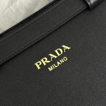 PRADA 25S BUCKLE MEDIUM HANDBAG 28 IN BLACK CALFSKIN GOLD HARDWRE