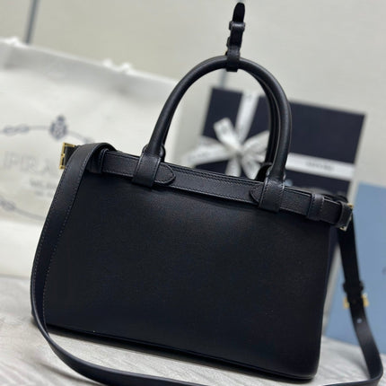 PRADA 25S BUCKLE MEDIUM HANDBAG 28 IN BLACK CALFSKIN GOLD HARDWRE