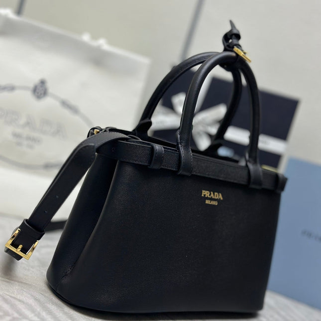 PRADA 25S BUCKLE MEDIUM HANDBAG 28 IN BLACK CALFSKIN GOLD HARDWRE