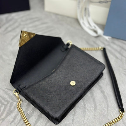PRADA 25S SAFFIANO SHOULDER BAG 21 IN BLACK CALFSKIN GOLD HARDWARE