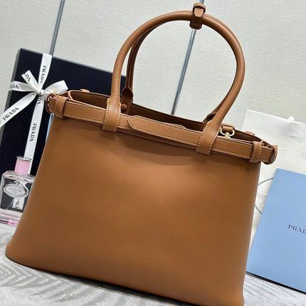 PRADA 25S BUCKLE MEDIUM HANDBAG 35 IN DARK CARAMEL CALFSKIN GOLD HARDWRE