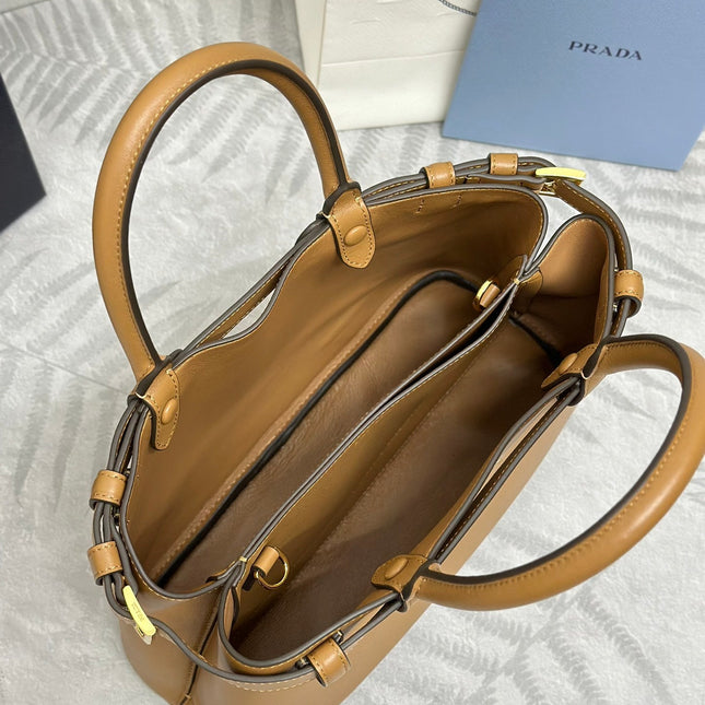 PRADA 25S BUCKLE MEDIUM HANDBAG 28 IN CARAMEL CALFSKIN GOLD HARDWRE