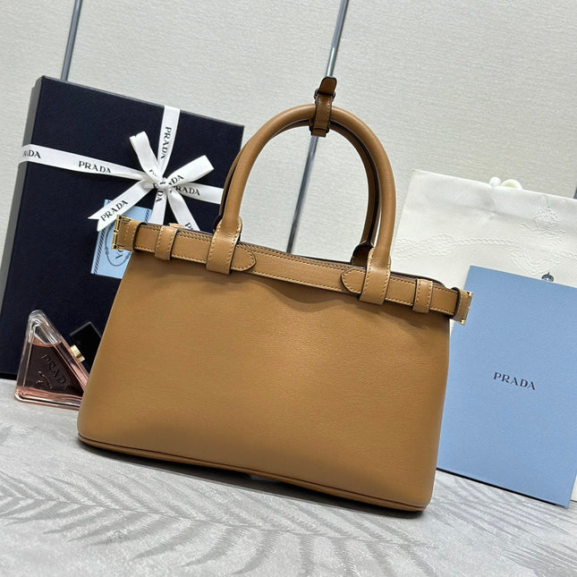 PRADA 25S BUCKLE MEDIUM HANDBAG 28 IN CARAMEL CALFSKIN GOLD HARDWRE