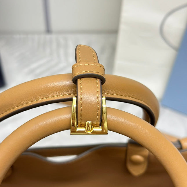 PRADA 25S BUCKLE MEDIUM HANDBAG 28 IN CARAMEL CALFSKIN GOLD HARDWRE