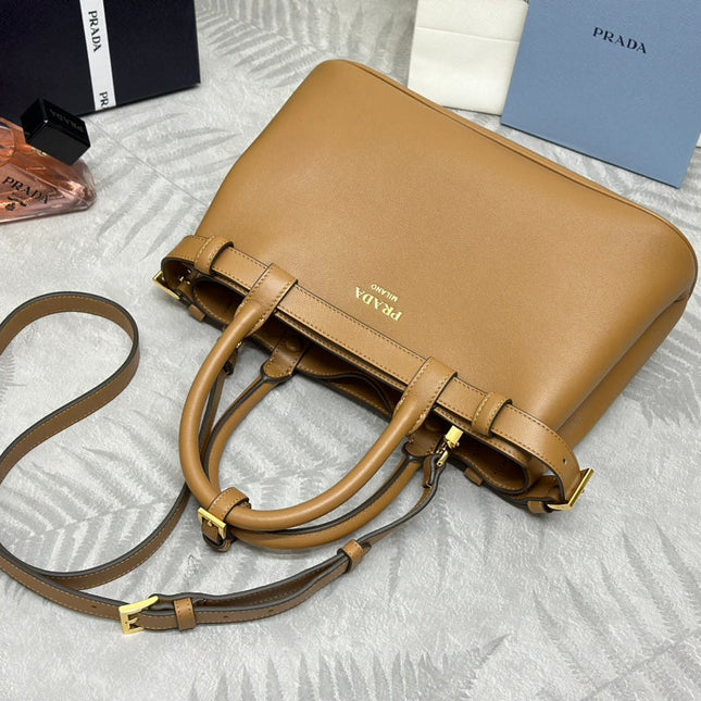 PRADA 25S BUCKLE MEDIUM HANDBAG 28 IN CARAMEL CALFSKIN GOLD HARDWRE