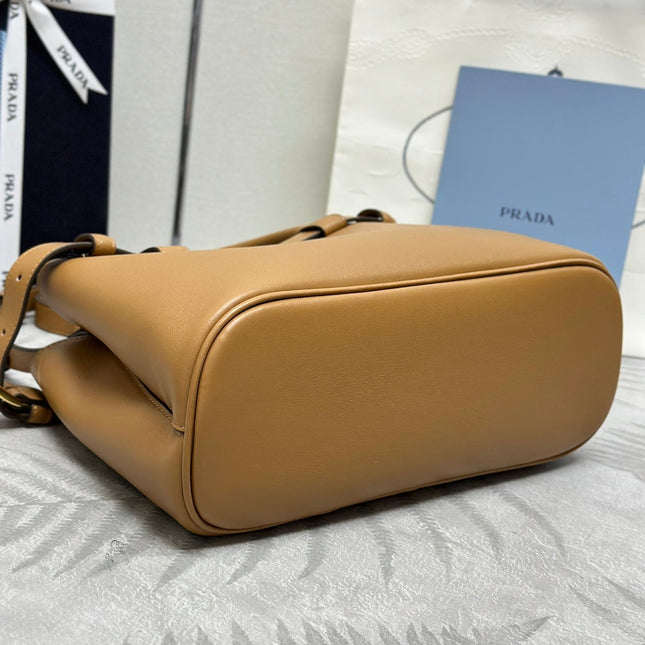 PRADA 25S BUCKLE MEDIUM HANDBAG 28 IN CARAMEL CALFSKIN GOLD HARDWRE