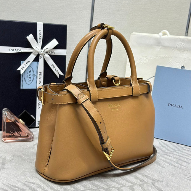 PRADA 25S BUCKLE MEDIUM HANDBAG 28 IN CARAMEL CALFSKIN GOLD HARDWRE