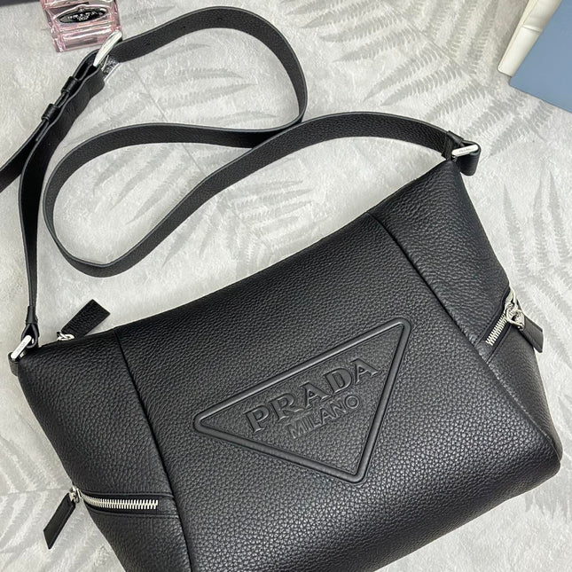 PRADA 25S SHOULDER STRAP BAG 26 IN BLACK CALFSKIN SILVER HARDWRE