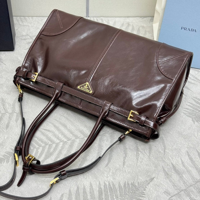 PRADA 25S BONNIE LARGE HANDBAG 38 IN DARK BROWN GLOSSY CALFSKIN GOLD HARDWRE
