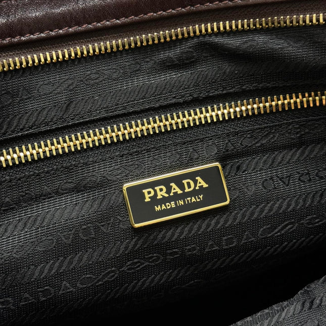 PRADA 25S BONNIE LARGE HANDBAG 38 IN DARK BROWN GLOSSY CALFSKIN GOLD HARDWRE