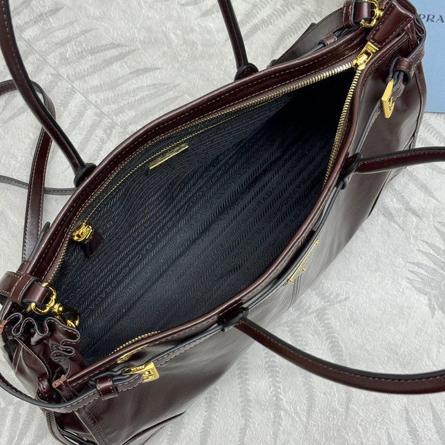 PRADA 25S BONNIE LARGE HANDBAG 38 IN DARK BROWN GLOSSY CALFSKIN GOLD HARDWRE