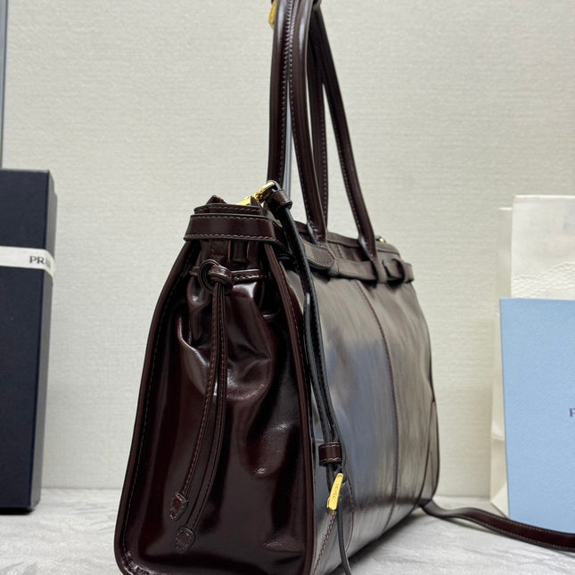 PRADA 25S BONNIE LARGE HANDBAG 38 IN DARK BROWN GLOSSY CALFSKIN GOLD HARDWRE