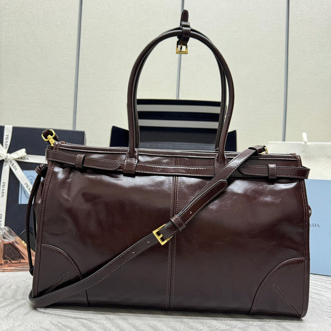 PRADA 25S BONNIE LARGE HANDBAG 38 IN DARK BROWN GLOSSY CALFSKIN GOLD HARDWRE