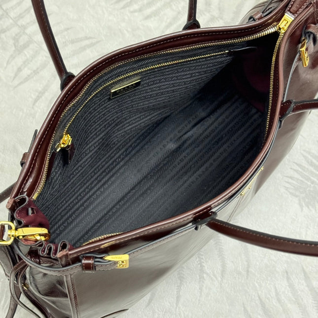 PRADA 25S BONNIE EXTRA-LARGE 42 IN DARK BROWN GLOSSY CALFSKIN GOLD HARDWRE