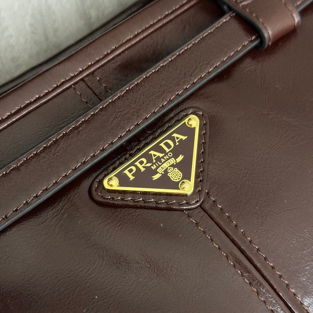 PRADA 25S BONNIE EXTRA-LARGE 42 IN DARK BROWN GLOSSY CALFSKIN GOLD HARDWRE