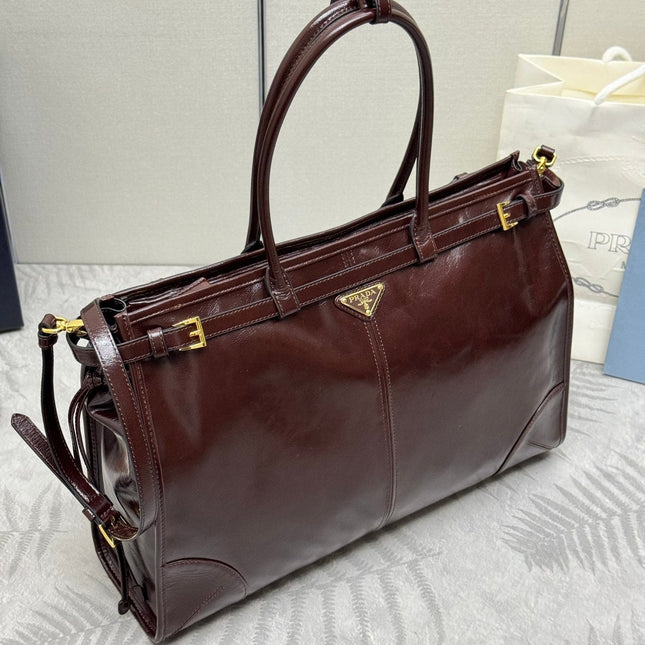 PRADA 25S BONNIE EXTRA-LARGE 42 IN DARK BROWN GLOSSY CALFSKIN GOLD HARDWRE