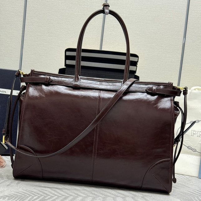 PRADA 25S BONNIE EXTRA-LARGE 42 IN DARK BROWN GLOSSY CALFSKIN GOLD HARDWRE