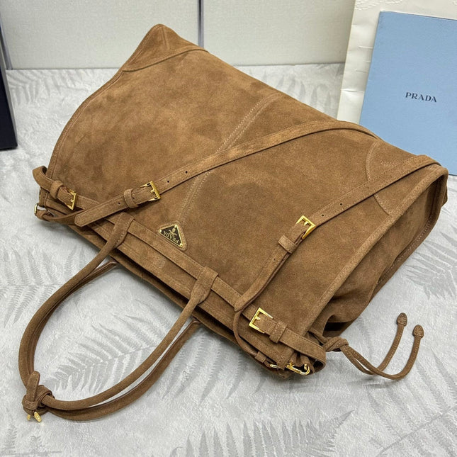 TOTE BAG WITH BELT 42 IN RUSSET BROWN SUEDE GOLD HARDWARE