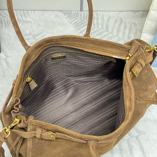 TOTE BAG WITH BELT 42 IN RUSSET BROWN SUEDE GOLD HARDWARE